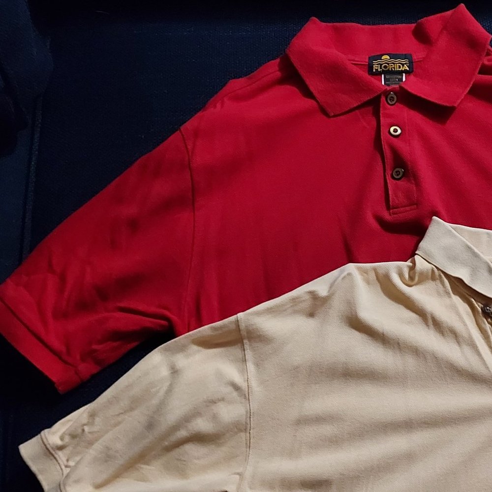 Men's Polo, well worn polo shirts: red and yellow